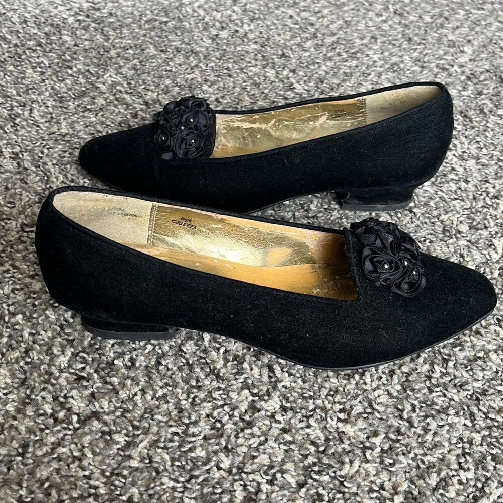 Vintage Velvet Kitten Heel Shoes Womens 8.5 Embellished Rose Coquette Whimsigoth - Picture 3 of 8